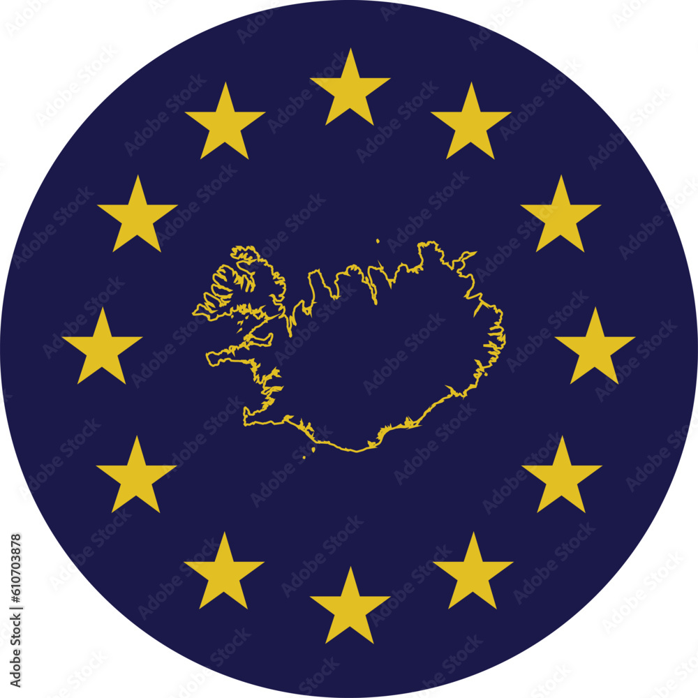 Badge of Outline Map of Iceland in colors of EU flag Badge of Outline Map of Iceland in colors of EU flag