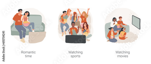 Leisure time and TV isolated cartoon vector illustration set. Teenage couple in front of tv, eat popcorn, romantic moment, group of emotional teens watch sport, friends movie night vector cartoon.