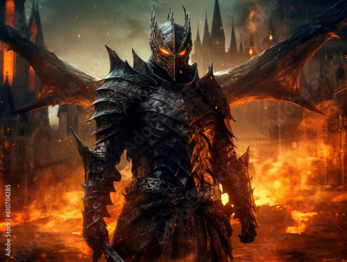 A knight in heavy armor with glowing eyes.