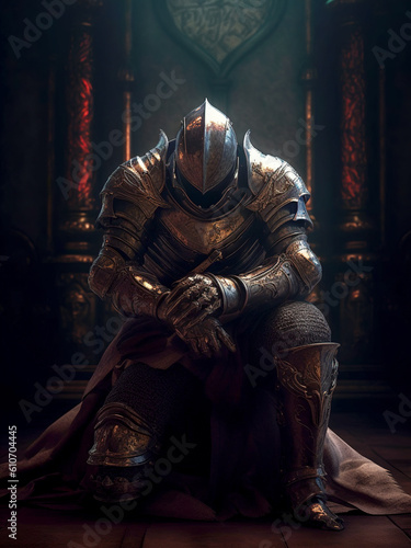 A knight in heavy metal armor knelt on one knee.
