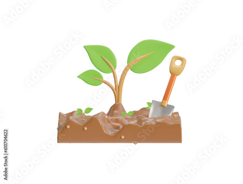 Vector 3d farming on soil and plant environment vector icon illustration for farming