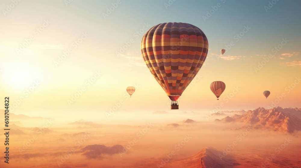 Naklejka premium Hot air balloon in sky, morning sunlight.