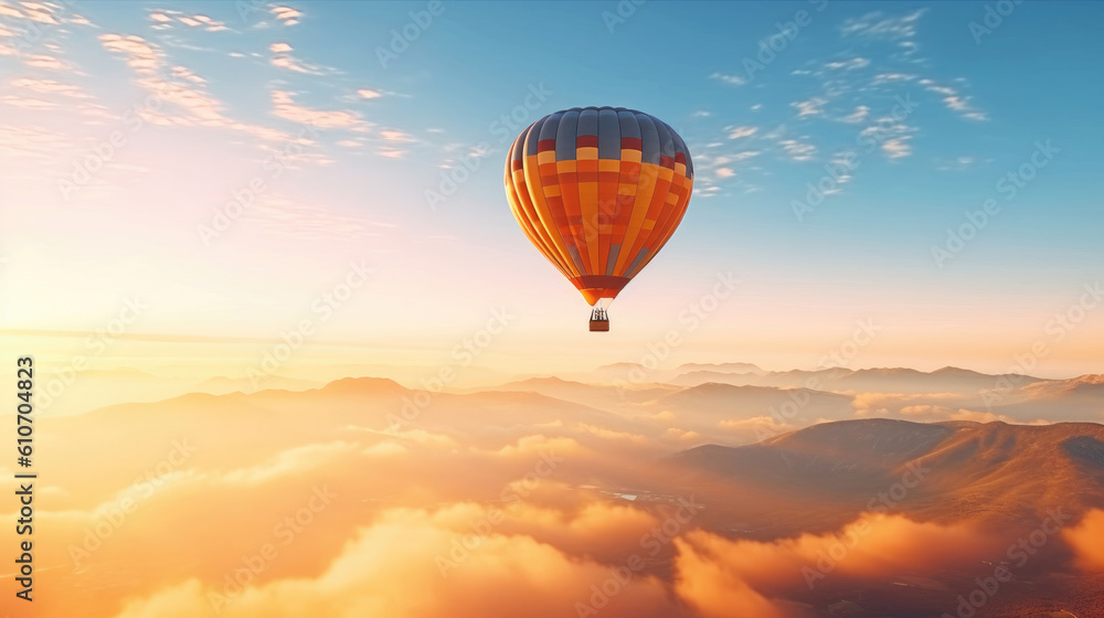 Fototapeta premium Hot air balloon in sky, morning sunlight.