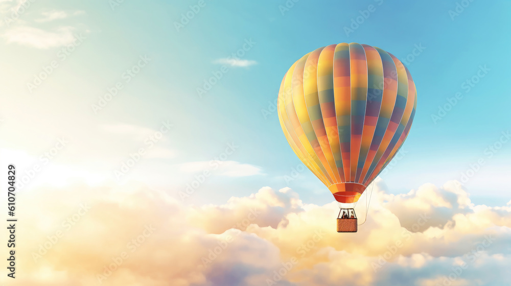 Fototapeta premium Hot air balloon in sky, morning sunlight.