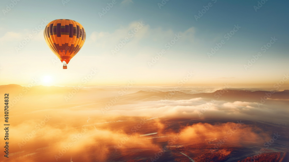 Obraz premium Hot air balloon in sky, morning sunlight.