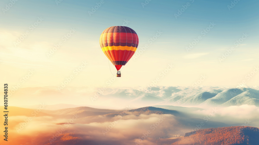 Hot air balloon in  sky, morning sunlight.