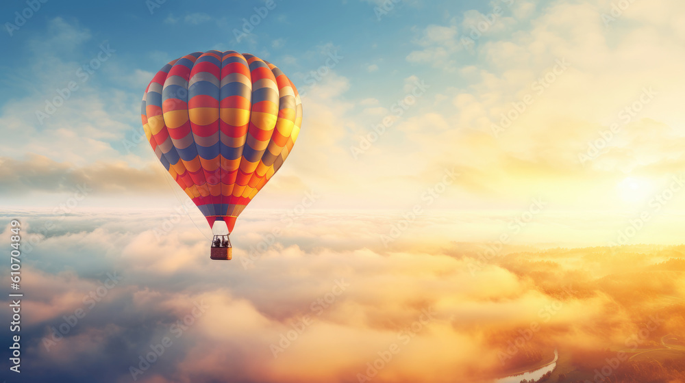 Hot air balloon in sky, morning sunlight. Hot air balloon in sky, morning sunlight.