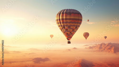 Hot air balloon in  sky, morning sunlight. © tashechka