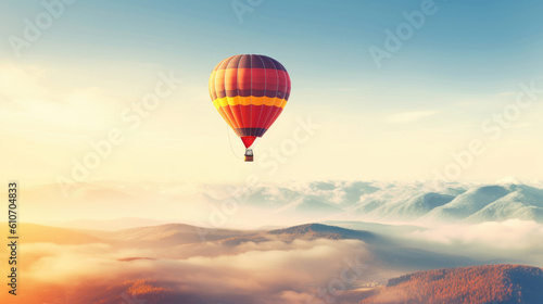 Hot air balloon in sky, morning sunlight.