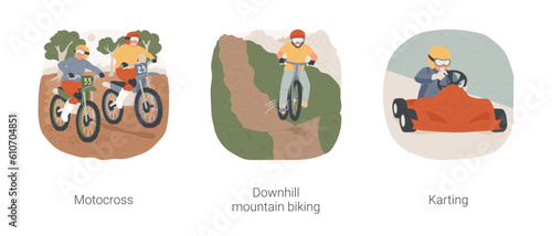 Extreme riding isolated cartoon vector illustration set. Group of teens enjoy motocross sport  holding helmet  downhill mountain biking  extreme karting  young professional rider vector cartoon.