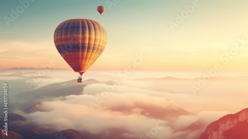 Hot air balloon in sky, morning sunlight.