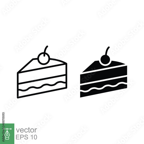 Piece of cake icon. Simple outline and solid style. Chocolate cake slice, cheesecake, cherry, food concept. Line, silhouette, glyph symbol. Vector illustration isolated on white background. EPS 10.