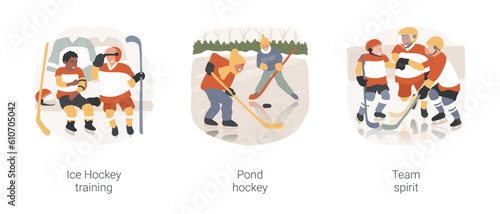 Ice Hockey isolated cartoon vector illustration set. Teenage players talking in changing room, guys playing pond hockey, team spirit, standing together, wear uniform, winter sport vector cartoon.