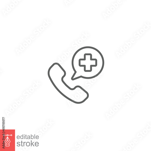 Emergency call icon. Simple outline style. First aid, telephone with cross sign, medical phone concept. Thin line symbol. Vector illustration isolated on white background. Editable stroke EPS 10.