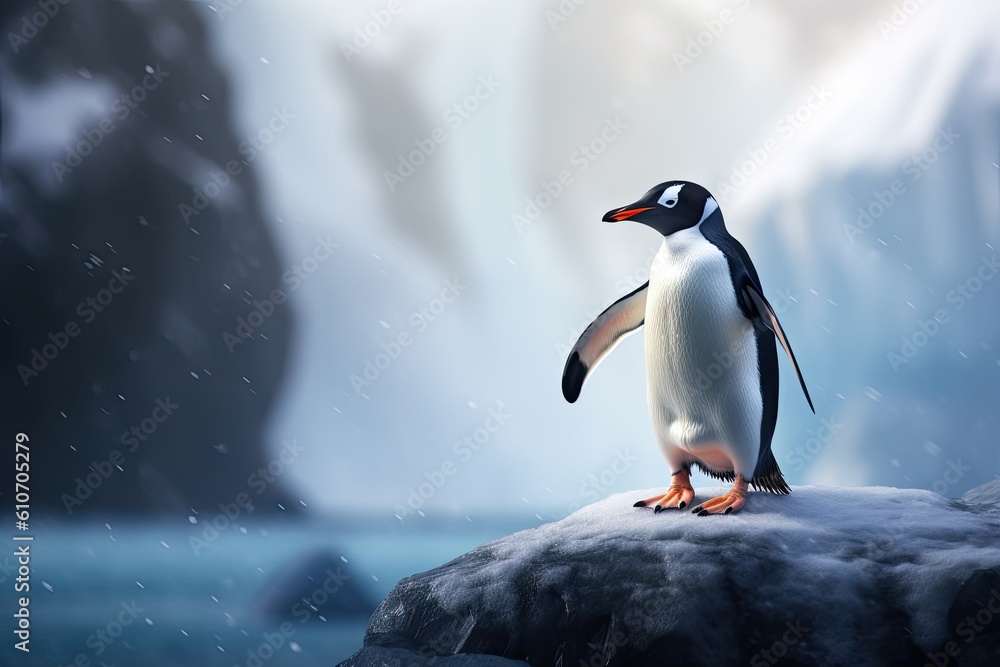 Fototapeta premium Cute and lovely penguin standing on an ice rock with mountains in the background. Generative AI