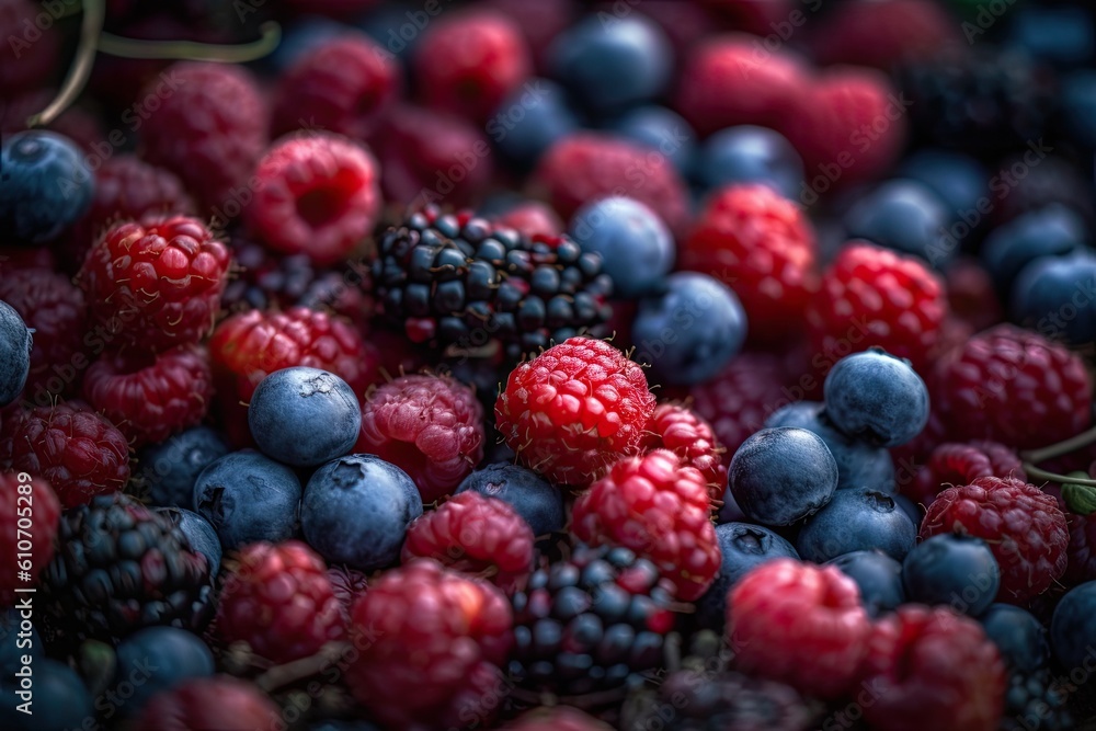 Delicious raspberries and blueberries, ideal fruits for a healthy and balanced diet. Generative AI Delicious raspberries and blueberries, ideal fruits for a healthy and balanced diet. Generative AI