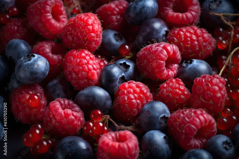 Delicious raspberries and blueberries, ideal fruits for a healthy and balanced diet. Generative AI Delicious raspberries and blueberries, ideal fruits for a healthy and balanced diet. Generative AI