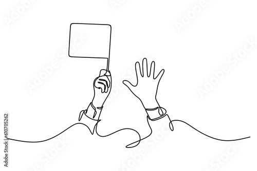continuous line drawing of business man hand holding help sign 
