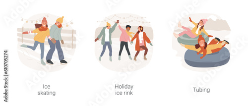 Winter sports isolated cartoon vector illustration set. Happy couple holding hands on ice rink, teens having fun together skating, winter holiday, group of smiling teenagers tubing vector cartoon.