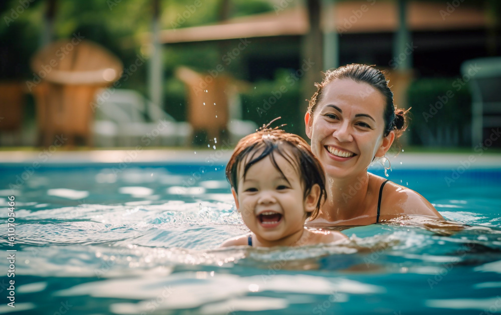 A young mom plays in the pool with her daughter - ai generative