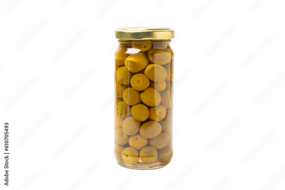 Green olives in a glass jar isolated on a white background. pitted green olives in jar.