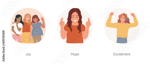 Teen positive emotions isolated cartoon vector illustration set. Diverse teenage girls laughing, express emotion, girl holding fingers crossed, feel hope, adolescent excitement vector cartoon.