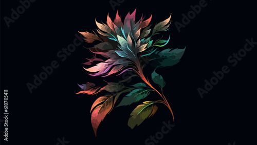 A colorful illustration of a flower with leaves on a dark background. 