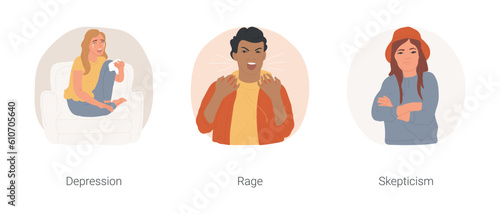 Teenage emotional problems isolated cartoon vector illustration set. Sad girl crying, teenage depression, adolescents tantrum, rage control, look with skepticism, cynical teen vector cartoon.