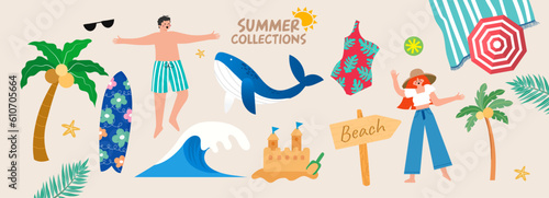 summer collection illustration. Banner, vector, coconut tree, human, Bikini, Beach sign, Wale, Sea wave,  ฺBeach blanket  and Surf board.