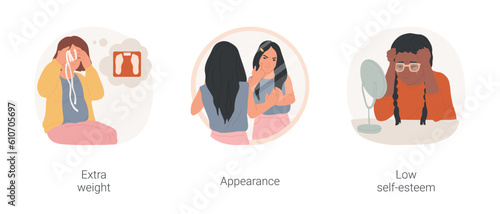 Teenage complexes isolated cartoon vector illustration set. Teenage girl with extra weight, worry about appearance, beauty standard complex, low self-esteem, psychological problem vector cartoon.