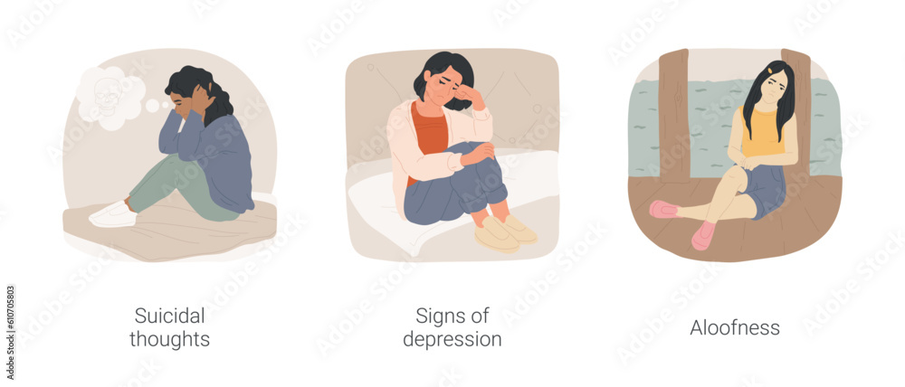 Teenagers negative thoughts isolated cartoon vector illustration set ...