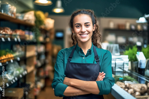 Smiling, young and attractive saleswoman, cashier serving customers. AI generativ. photo