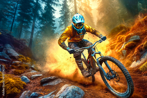 Fotografie Young athletic man in helmet and protective gear riding downhill on mountainbike