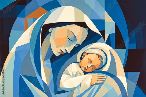  Holy Mary holding baby Jesus Christ in her arms. Graphic representation. AI generativ. photo