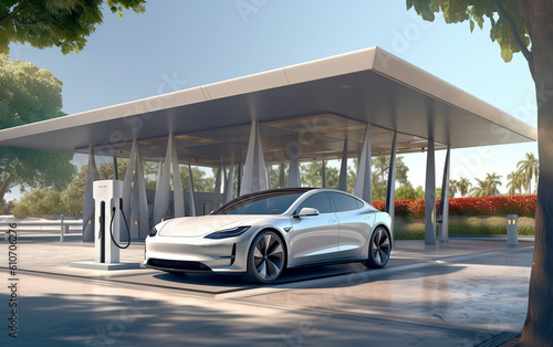 Modern EV charging station for electric car green concept. The electric car at a charging station that meets the environmental protection solutions of the future. AI generated.