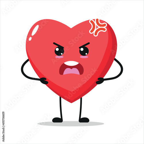 Mad heart character. Funny Heart temperament cartoon emoticon in flat style. photo