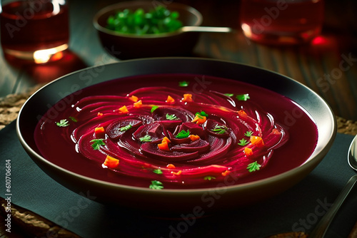 Polish botwinka, a soup from young red beets. AI generativ.