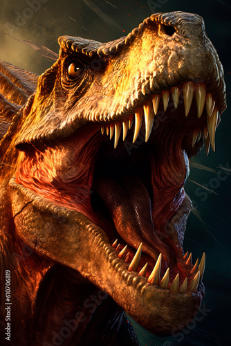 A close up of a t-rex with its mouth open. Generative AI