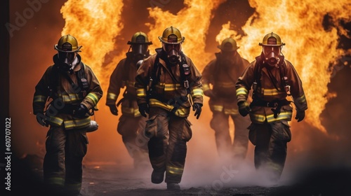 A group of firemen walking in front of a fire. Generative AI image. photo