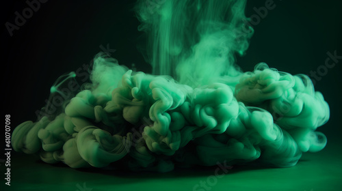 Generative AI illustration abstract background of fantastic big exploding green cloud of dense smoke against black background photo