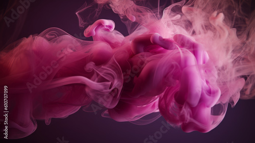 Generative AI illustration of magenta and pink fluffy pastel ink smoke cloud against black background photo