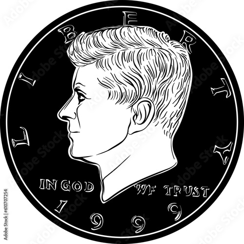 United States coin Half dollar with John F Kennedy on obverse. Black and white image