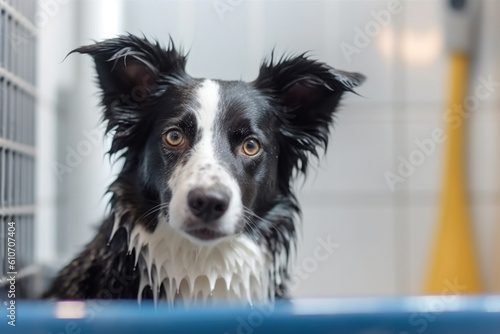 Wet Border Collie dog sitting in bathtub. AI generative © paffy