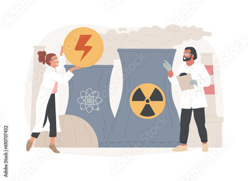 Nuclear energy isolated concept vector illustration. Nuclear power plant, sustainable energy source, cooling towers, uranium atom, distribution system, generate electricity vector concept.