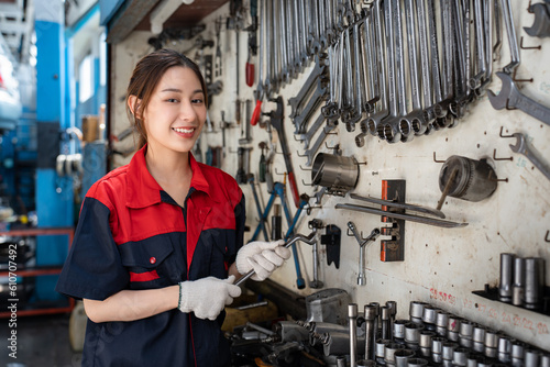 Selective focus of beautiful Asian female mechanic in uniform and gloves, standing holding a ring spanner and smiling at camera beside the tools storage wall for auto service and car repair in garage.