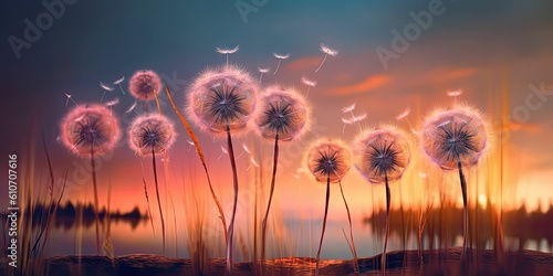 beautiful fluffy dandelion flowers at sunset meadow  generative ai