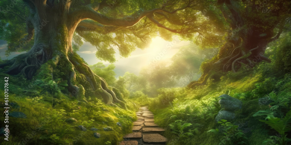 Obraz premium Path among ancient trees leading out of fantasy forest lit with warm sunlight