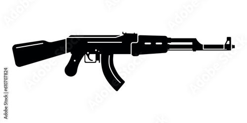 Submachine gun icon or sign isolated on white background. Kalashnikov or AK47 black silhouette. Vector illustration.