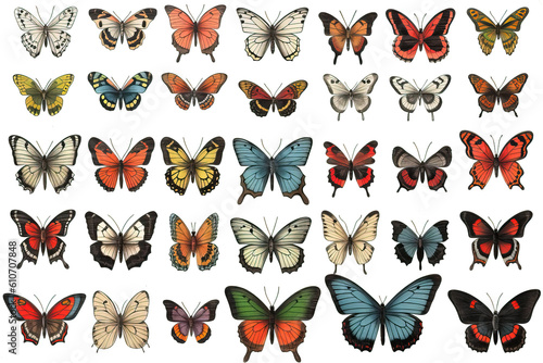 Colored butterflies of different types, on a white background.