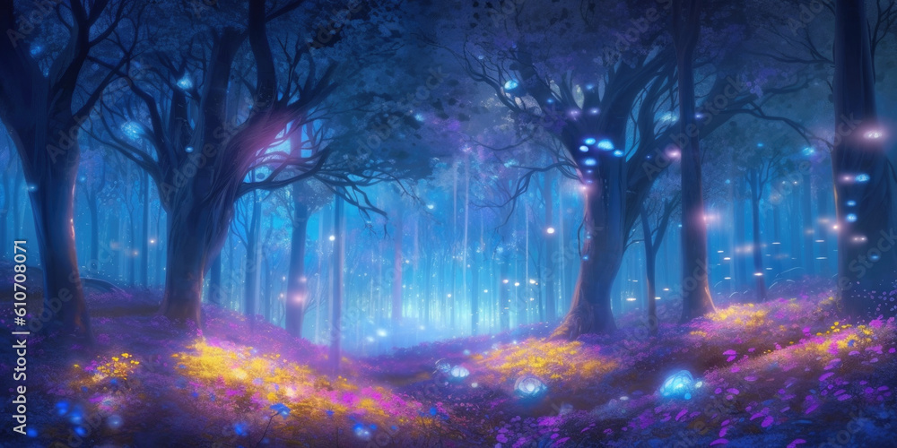 Magical moonlit forest at night filled with twinkling lights, glowing fireflies and flowers